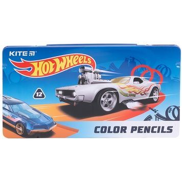 Олівці кольорові тригранні Kite Hot Wheels HW21-058, 12 кольорів, металевий пенал HW21-058 фото
