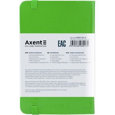 Книга записна Axent Partner 8301-04-A, A6-, 95x140 мм, 96 аркушів, клітинка, тверда обкладинка, салатова 8301-04-A фото
