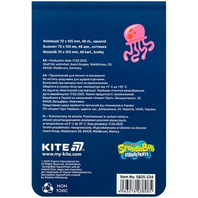 Блокнот Kite Sponge Bob SB25-224, 48 листов, клетка SB25-224 фото