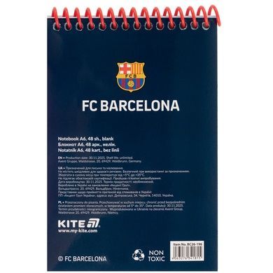 Блокнот на спіралі Kite FC Barcelona BC26-196, А6, 48 аркушів, нелінований BC26-196 фото