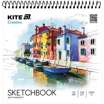 Скетчбук на спіралі для акварелі Kite Creative K-1285, 21*21 см, 20 аркушів K-1285 фото
