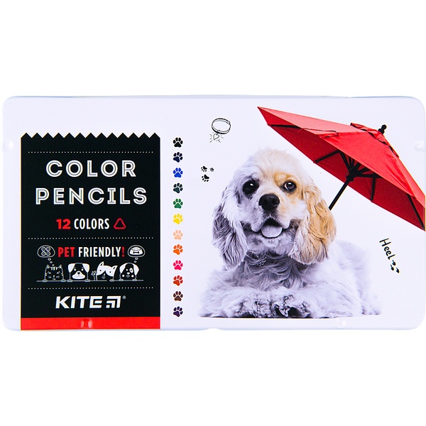 Карандаши цветные трёхгранные Kite Dogs K22-058-1, 12 цветов, металлический пенал K22-058-1 фото