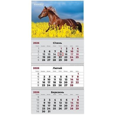 Календарь настенный квартальный 2026 Axent Horses 1 8803-26-7-A, 3 пружины 8803-26-7-a фото